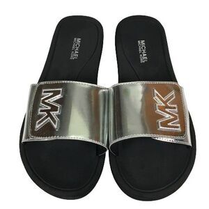 Michael Kors Gray Mk Logo Slides Silver Nickle Metallic Adjustable Sandals Sz 8